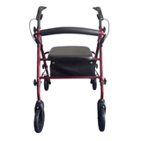 Rød Ibis rullator sett rett forfra med svart sete, ryggstøtte og håndtak
