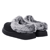 To svarte Skechers damehjemmesko med grå fuskepels og tykk såle, sett bakfra