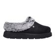 Svart Skechers damehjemmesko i semsket skinn-look med grå fuskepels og tykk såle, sett fra siden