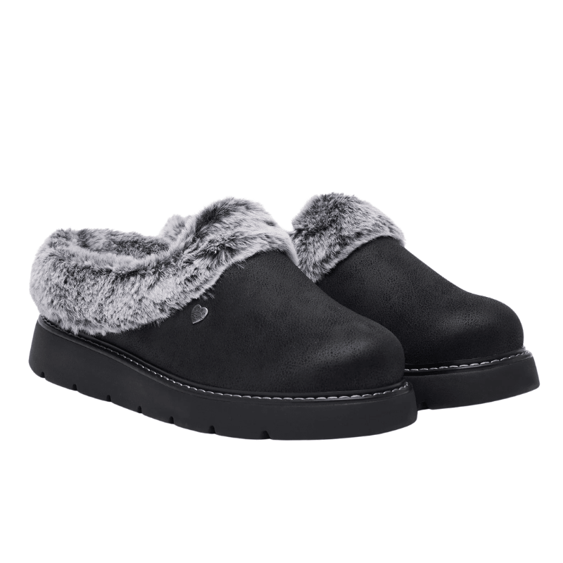 Et par svarte Skechers damehjemmesko med grå fuskepels og semsket skinn-look, sett litt skrått forfra