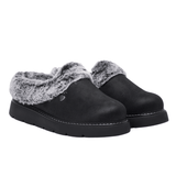 Et par svarte Skechers damehjemmesko med grå fuskepels og semsket skinn-look, sett litt skrått forfra