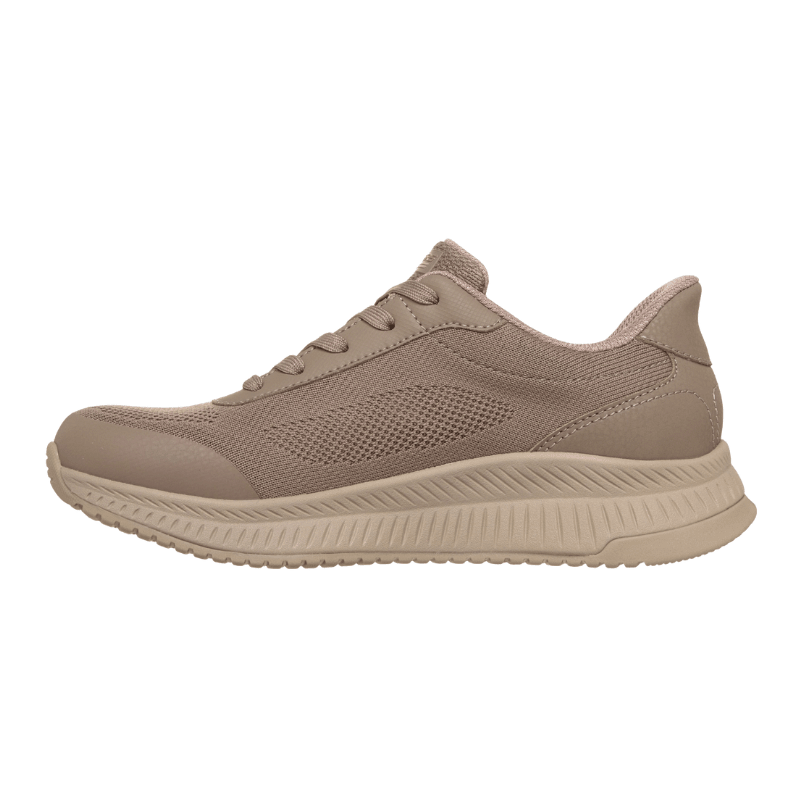 Enkel sandfarget Skechers damesko med strikket overdel og lisser, sett fra motsatt side