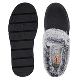 Svart Skechers damehjemmesko sett ovenfra med innersåle og en såle med mønster sett nedenfra