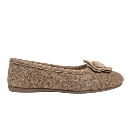 Lysebeige Bella Moda damehjemmesko i ullfilt med blomst på tåen, sett fra siden